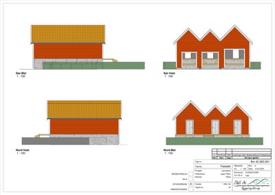 Fasadetegning som viser bygningens utseende fra fire ulike retninger (Sør-Øst, Sør-Vest, Nord-Vest, Nord-Øst).
