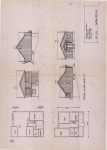Fasadetegning som viser bygningens utsyn fra flere vinkler, samt etasjeplaner med romfordeling og mål.