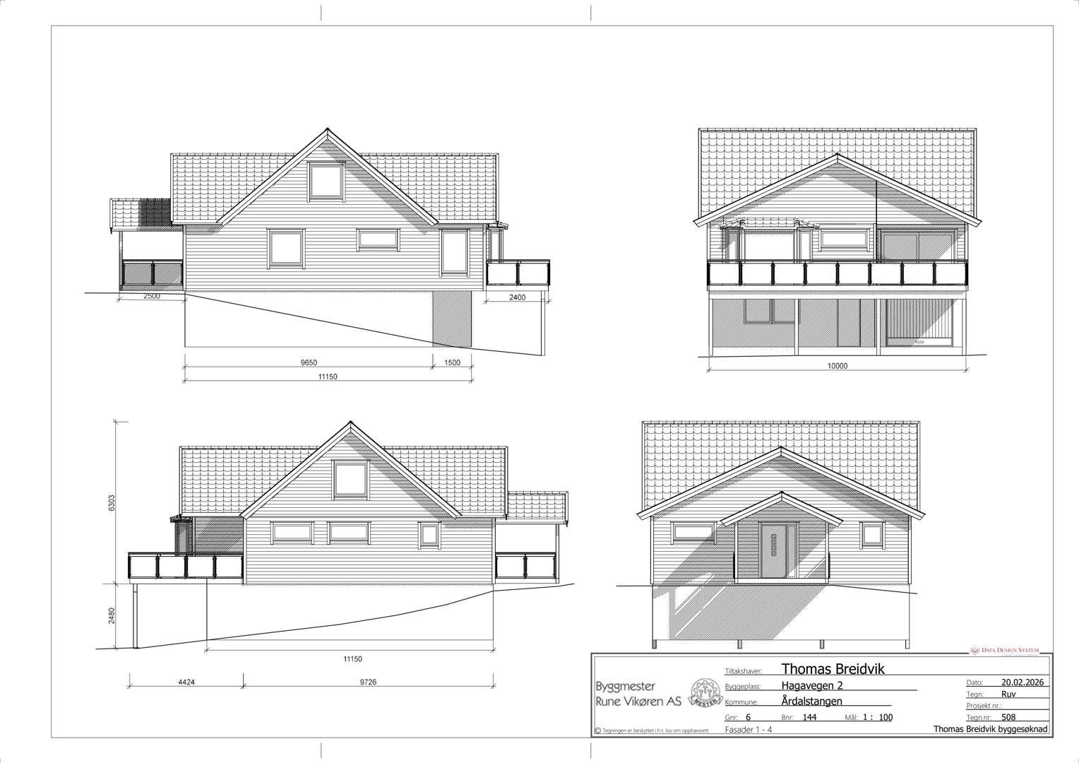 Fasadetegning som viser bygningens utsyn fra fire ulike vinkler (front, side, bak og en annen side), med mål og detaljer om takform og vinduer.