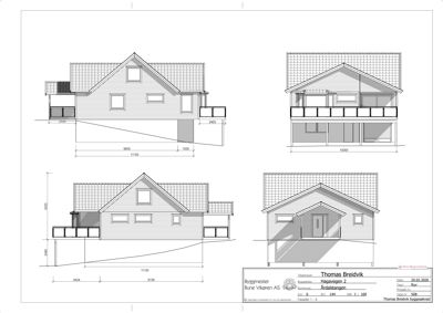 Fasadetegning som viser bygningens utsyn fra fire ulike vinkler (front, side, bak og en annen side), med mål og detaljer om takform og vinduer.