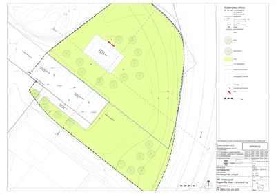Situasjonsplan som viser tomtens form, høydeforhold (konturlinjer), eksisterende og planlagt beplantning, samt bygningers plassering i forhold til eiendoms- og veggrenser.