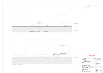Fasadetegning som viser bygningens utseende sett fra nord-vest, med detaljer om vinduer, inngang og høyder.