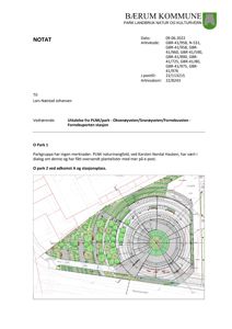 Situasjonsplan som viser plassering av en parkanlegg (Park 1 og Park 2) i forhold til veier (Oksenøyveien, Snørøyveien, Fornebuveien) og en stasjon.