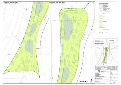 Situasjonsplan (delplaner) som viser terrengform, vegetasjon og bygningers plassering i forhold til hverandre.