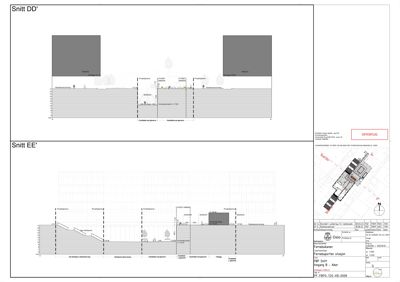 Snittegning (Snitt DD' og Snitt EE') som viser bygningens høydeprofil, grunnplan og omgivelsers terreng.