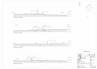 Fasadetegning som viser oppriss av bygningens fasader sett fra ulike sider (Nord, Syd, Vest, Øst) med høydemål og terrengforhold.