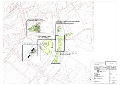Landskapsplan med utsnitt av byggeområder, vegetasjon og veier.