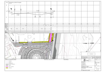 Situasjonsplan med profil som viser terrengforhold, bygningers plassering og arealbruk.