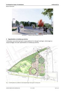Bildet viser en situasjonsplan (tomteplan) for en ny adkomst til Fornebuporten stasjon. Planen illustrerer plassering av stasjonstorget, parkområder, trær og veier i forhold til eksisterende infrastruktur.