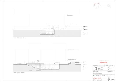 Fasadetegning som viser oppriss av bygningens yttervegger sett fra syd og vest, inkludert vinduer, dører og høydemål.