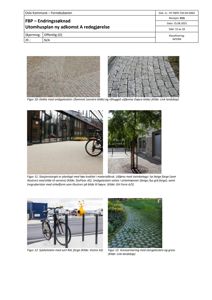 Dokumentet inneholder en rekke fotografier som viser ulike materialvalg for utomhusanlegget, inkludert asfalterte dekker, steinbelagte områder, sykkelstativ og gressarmering.