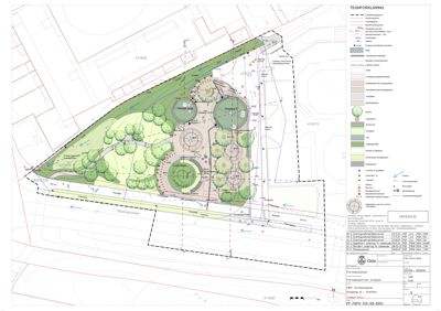 Situasjonsplan som viser tomtens grenser, beplantning, veier og omgivende infrastruktur.