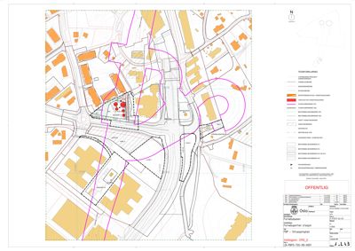 Situasjonsplan som viser tomtens plassering i forhold til nabolaget, veier og andre bygninger.