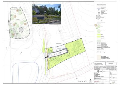Situasjonsplan som viser tomtens beliggenhet, omgivende infrastruktur, terrengforhold og planlagt bebyggelse.