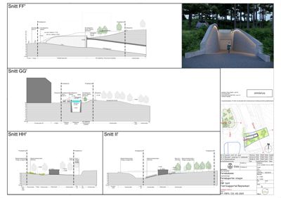 Bildet viser en samling av snittegninger (Snitt FF', GG', HH', II') for en bygning, samt en 3D-visualisering av inngangen. Det er også inkludert en situasjonsplan i nederste høyre hjørne.