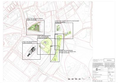 Situasjonsplan som viser bygningens plassering i forhold til omgivelsene, inkludert veier, parkområder og nabobebyggelse.