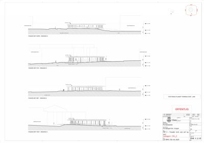 Fasadetegning som viser bygningens utseende fra fire ulike sider (NORD, SYD, ØST, VEST) med innramming og terrengforhold.