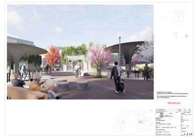 3D-visualisering (rendering) av et utendørs område med benker, trær og en bygning i bakgrunnen.