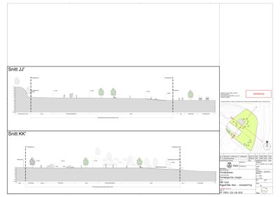 Snittegning (Snitt JJ' og Snitt KK') som viser bygningens tverrsnitt, høyder og grunnforhold.