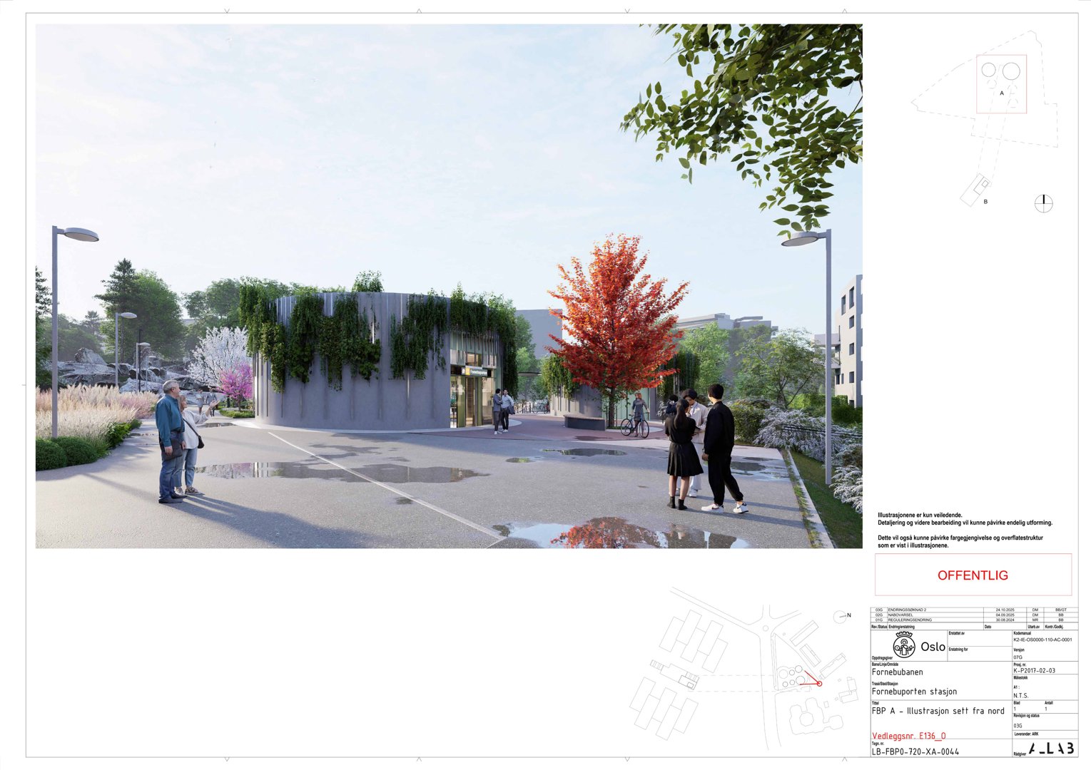 3D-visualisering (rendering) av en bygning i et utendørs miljø med omgivende vegetasjon, gatelys og personer.