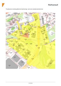 Kart over eiendommer og tomteliggende arealer (varslede eiendommer) med eiendomsnummer og gatenavn.