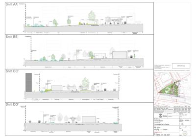 Bildet viser fire snittegninger (AA', BB', CC', DD') av et byggeprosjekt, inkludert terrengforhold, bygninger og beplantning sett i tverrsnitt.