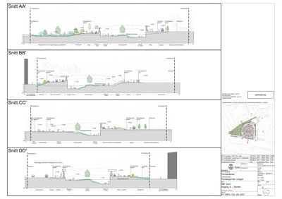 Bildet viser fire snittegninger (AA', BB', CC', DD') som illustrerer bygningens tverrsnitt, høyder og relasjon til omgivelsene.