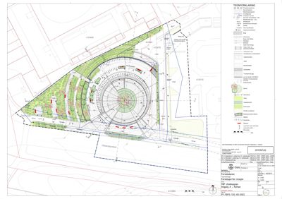 Situasjonsplan som viser plassering av en ny parkanlegg (Fjernbanen) i forhold til eksisterende veier (Oksenøyveien) og naboeiendommer. Planen inkluderer detaljer om beplantning, stier og terrengform.