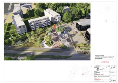3D-visualisering (rendering) av et boligprosjekt med omgivende beplantning og infrastruktur.