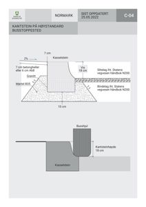 Tegning som viser detaljert oppbygning og dimensjoner for kantstein på høystandard ved busstoppested, inkludert lagtykkelser og materialer.