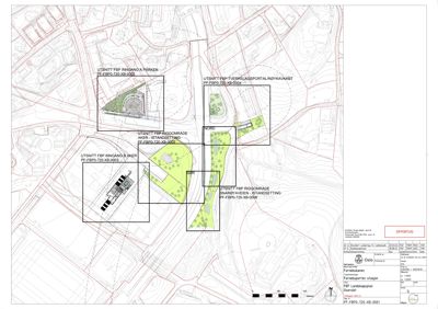 Situasjonsplan (oversikt over tomten) med utsnitt av byggefeltene og omgivelsene.