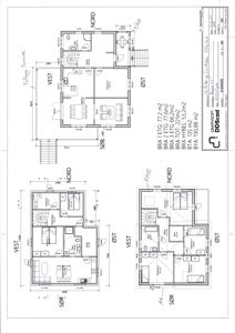 Bildet viser tre forskjellige etasjeplaner (BRA 1, BRA 2 og BRA 3) for en bolig, inkludert romfordeling, dimensjoner og orientering.