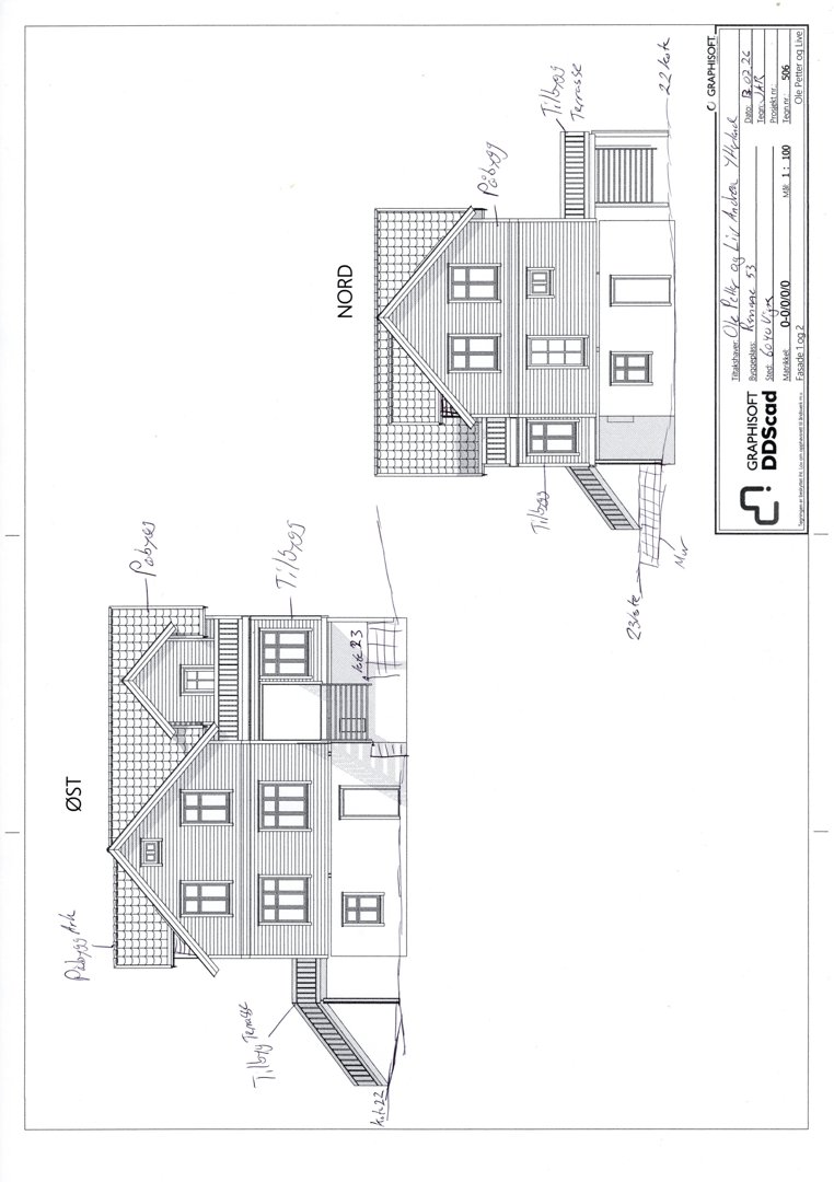 Fasadetegning som viser bygningens utseende sett fra øst og nord, inkludert takform, vinduer og terrasser.