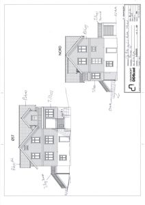Fasadetegning som viser bygningens utseende sett fra øst og nord, inkludert takform, vinduer og terrasser.
