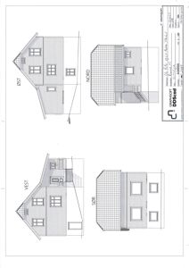 Fasadetegning som viser bygningens utseende fra fire sider (Øst, Vest, Nord, Sør).