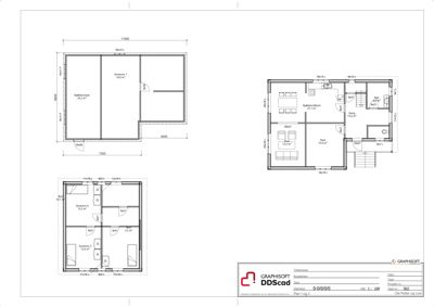 Etasjeplaner (1. og 2. etasje) som viser romfordeling, dimensjoner og plassering av dører og vinduer.