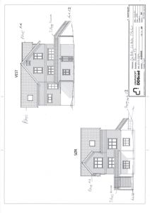 Fasadetegning som viser bygningens utseende fra vest og sør, inkludert takform, vinduer og håndskrevne notater om endringer.