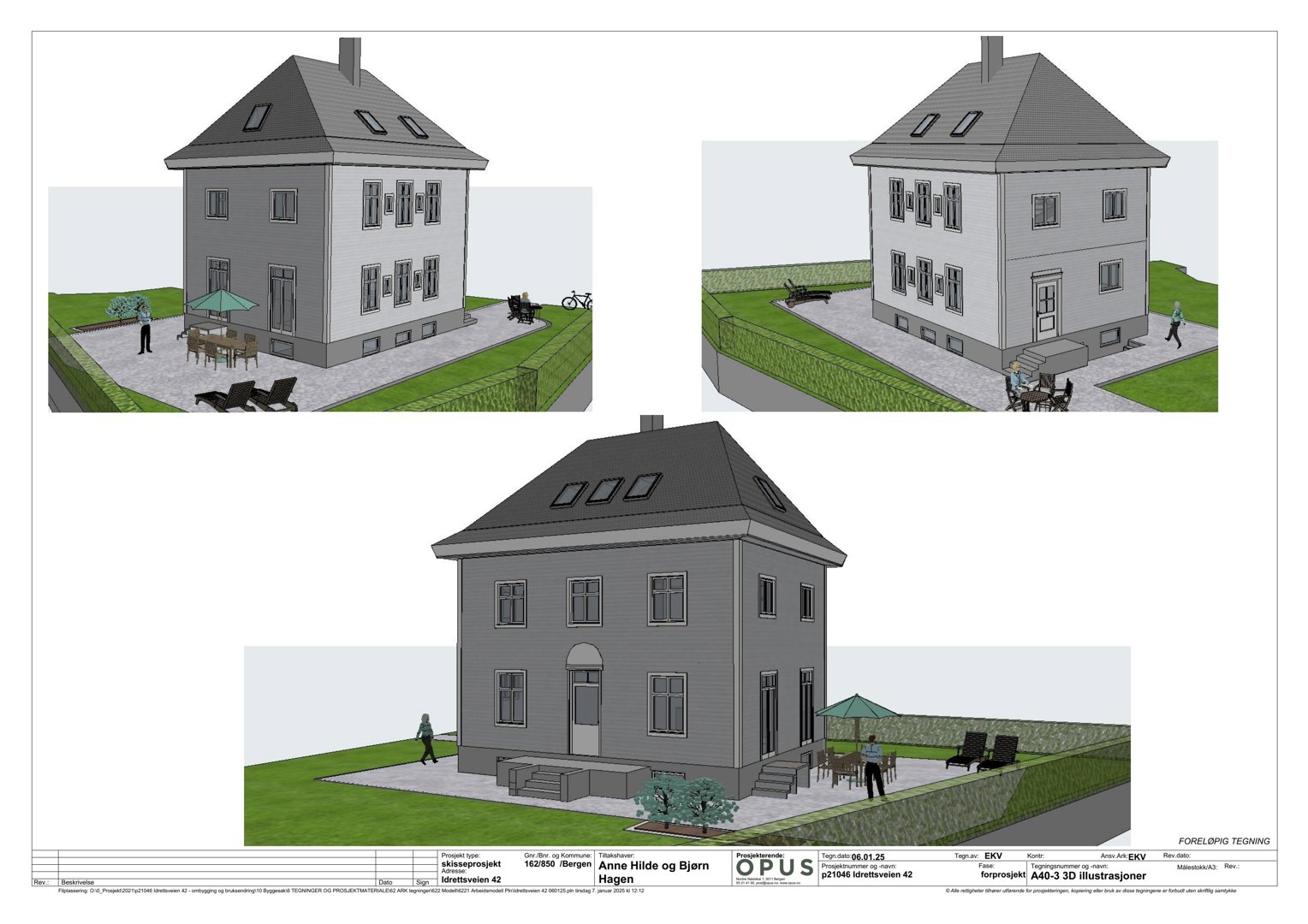 3D-visualiseringer av en bolig med omgivelser (hage, møbler, personer) fra ulike vinkler.