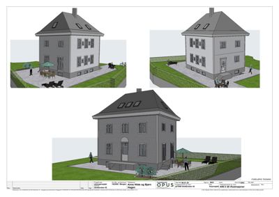 3D-visualiseringer av en bolig med omgivelser (hage, møbler, personer) fra ulike vinkler.