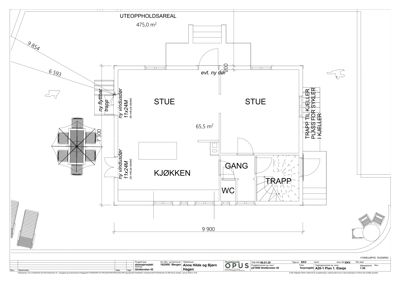 Etasjeplan (1. etasje) som viser romfordeling, mål og funksjoner i et hus.