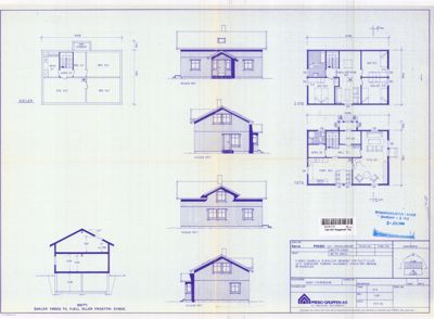 En tegning som viser etasjeplaner (1. etg, 2. etg), fasadeopprikk og snitt av en bygning.