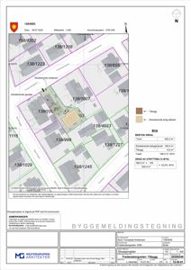 Situasjonsplan som viser tomtens beliggenhet, nabotomter (med areal og status), eksisterende bebyggelse, planlagt utnyttelse (BYA) og beregnet grad av utnytting.