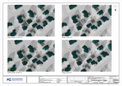 Sol- og skyggediagram som viser situasjonsplaner for et byggeprosjekt med angivelse av solposisjon og skygger for ulike datoer.
