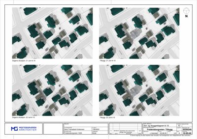 Sol- og skyggediagram som viser bygningenes plassering i forhold til sol og skygger på ulike tidspunkter.