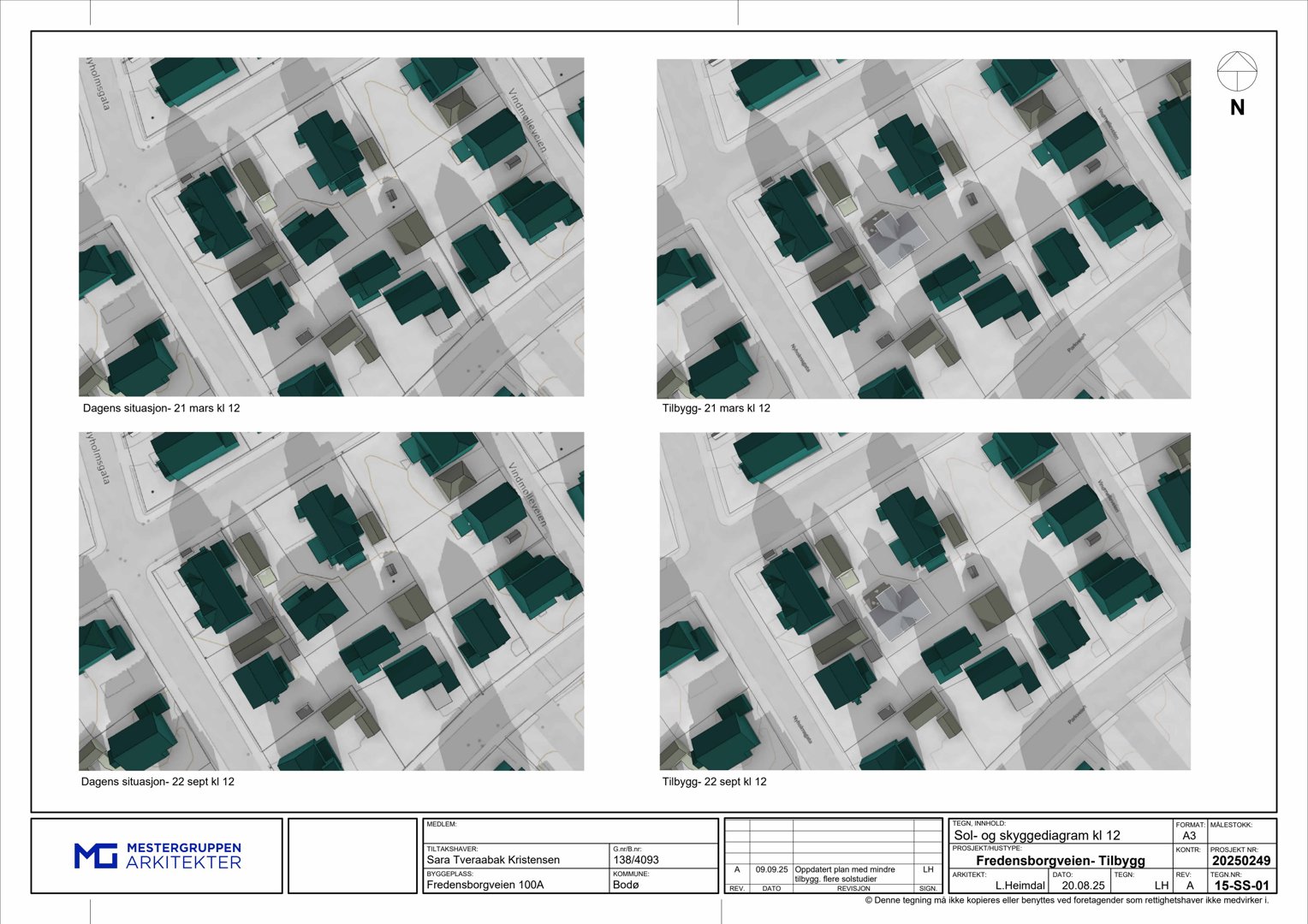 Sol- og skyggediagram som viser hvordan bygningene kaster skygger på ulike tidspunkter (kl 12) over en periode (mars-september).