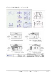 Fasadetegninger som viser eksisterende bygning og ulike fasadevarianter med endringer.
