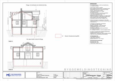 Snittegning (Snitt A og Snitt B) som viser byggets indre oppbygging, høyder og konstruksjonsdetaljer.