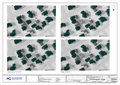 Situasjonsplaner som viser dagens situasjon og planlagt tilbygg med skyggediagrammer.