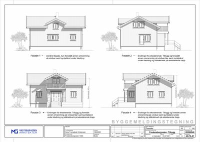Fasadetegning som viser fire ulike vinkler (Fasade 1-4) på en bygning med tilhørende beskrivelser av endringer.