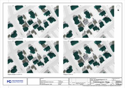 Sol- og skyggediagram som viser situasjonsplaner for en bygning (Frederensborgveien 105A) i forhold til nabolaget, med overskrift 'Sol- og skyggediagram kl 12'.
